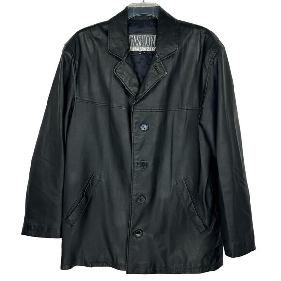 VTG FASHION ELEMENTS Black Classic 90s Leather Button Up Jacket Men's Medium - Picture 1 of 9